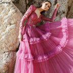 Muslim Fuschia Luxury Evening Dresses Gowns 2025 A-Line Beaded Tiered For Women Party LA70986