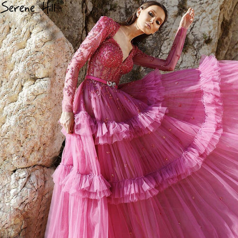 Muslim Fuschia Luxury Evening Dresses Gowns 2025 A-Line Beaded Tiered For Women Party LA70986