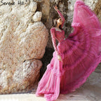 Muslim Fuschia Luxury Evening Dresses Gowns 2025 A-Line Beaded Tiered For Women Party LA70986