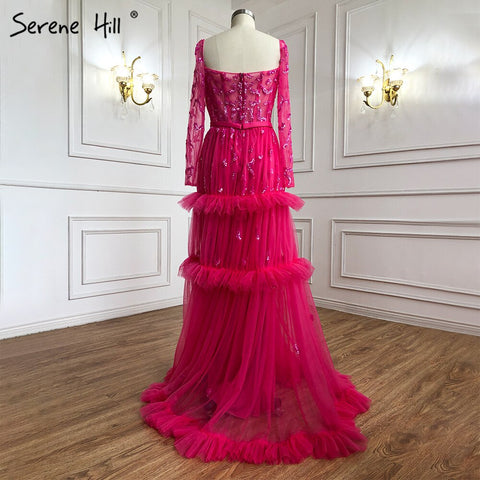 Muslim Fuschia Luxury Evening Dresses Gowns 2025 A-Line Beaded Tiered For Women Party LA70986