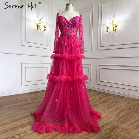Muslim Fuschia Luxury Evening Dresses Gowns 2025 A-Line Beaded Tiered For Women Party LA70986