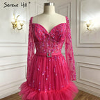 Muslim Fuschia Luxury Evening Dresses Gowns 2025 A-Line Beaded Tiered For Women Party LA70986