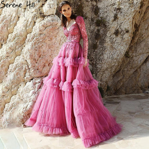 Muslim Fuschia Luxury Evening Dresses Gowns 2025 A-Line Beaded Tiered For Women Party LA70986