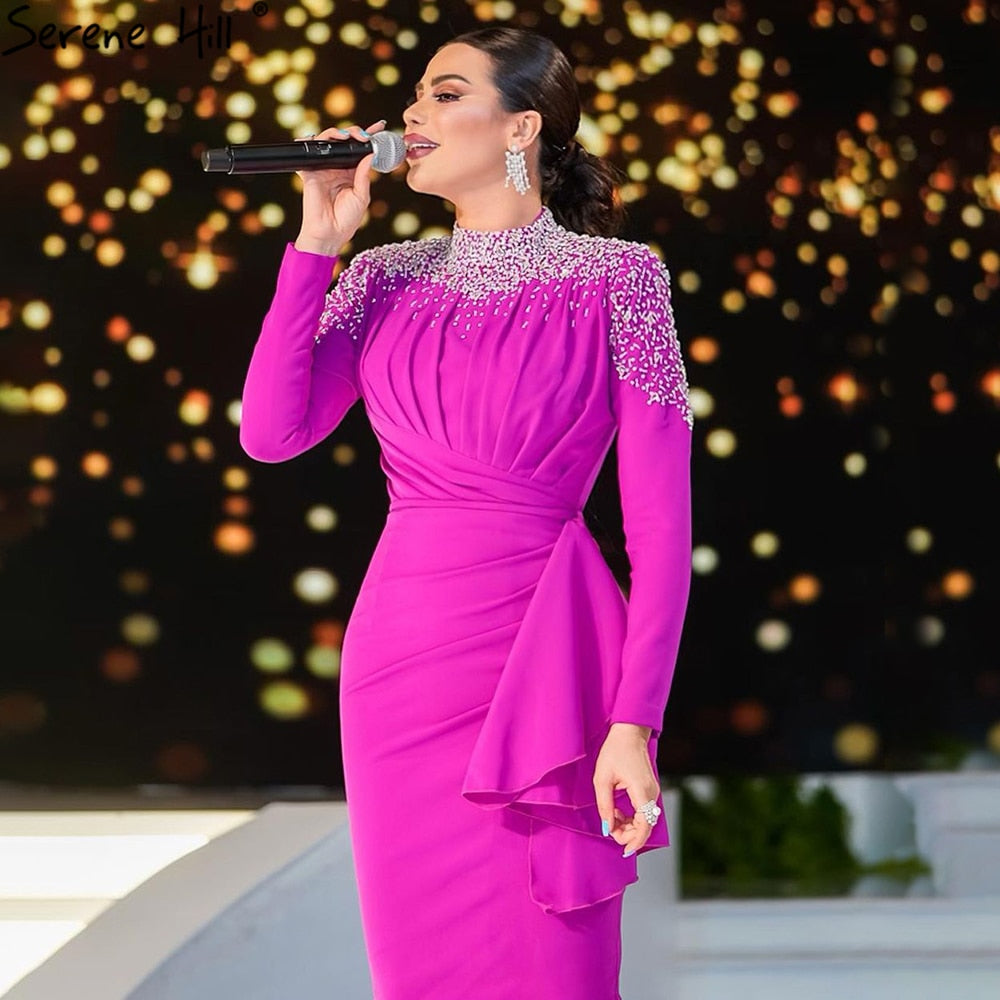 Muslim Fuschia Mermaid Evening Dresses Gowns 2025 Beading Elegant For Women Wedding Party LA71004