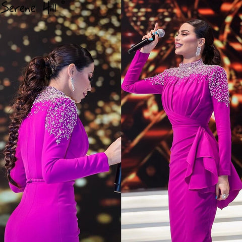 Muslim Fuschia Mermaid Evening Dresses Gowns 2025 Beading Elegant For Women Wedding Party LA71004