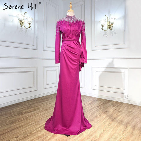 Muslim Fuschia Mermaid Evening Dresses Gowns 2025 Beading Elegant For Women Wedding Party LA71004