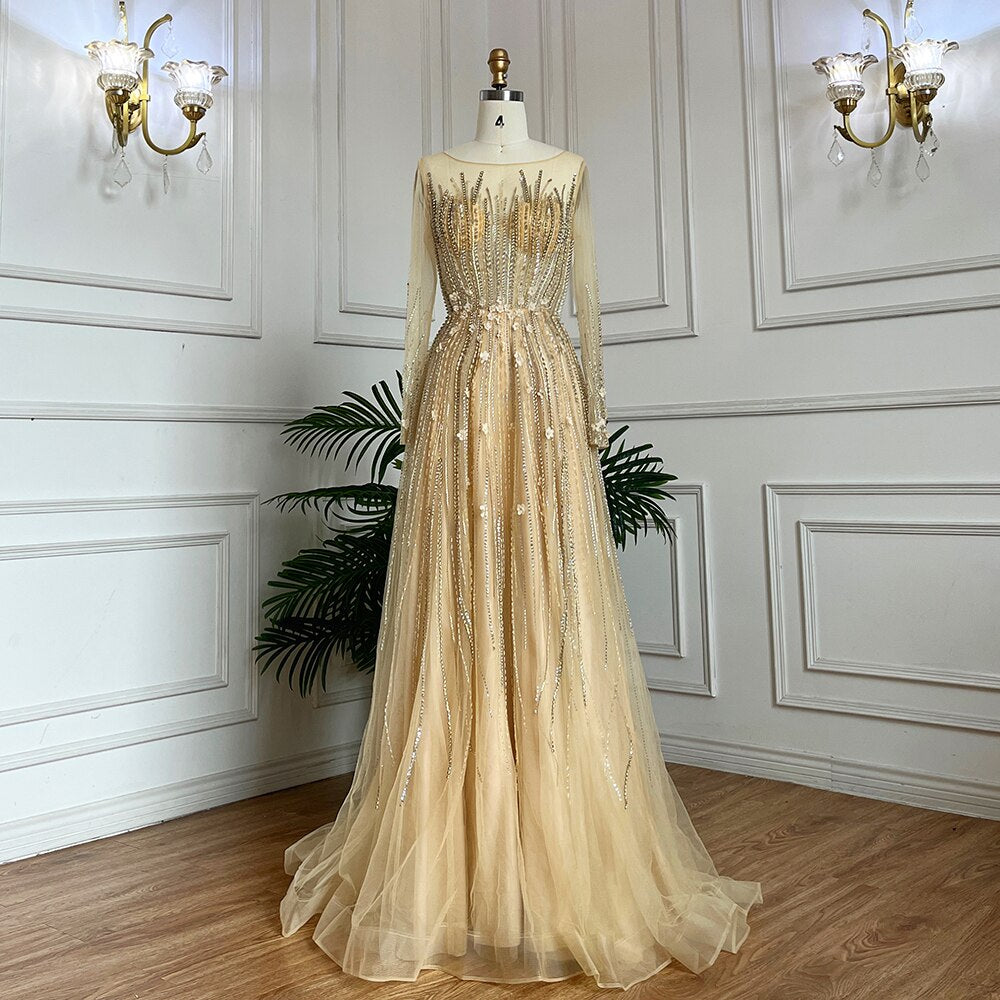 Muslim Gold A Line Beaded Crystal Appliques Luxury Long Evening Dresses Gowns For Women Wedding Party 2025 LA71957