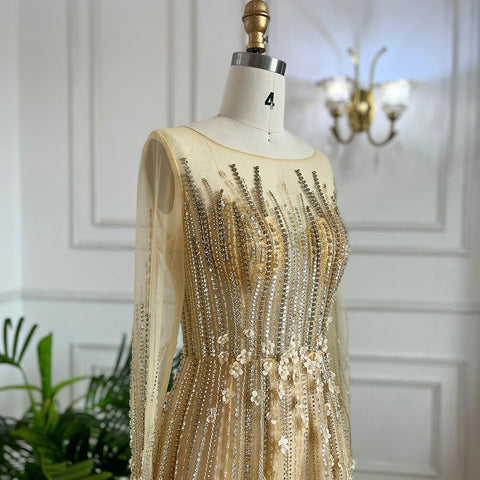 Muslim Gold A Line Beaded Crystal Appliques Luxury Long Evening Dresses Gowns For Women Wedding Party 2025 LA71957