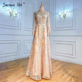 Muslim Gold A-Line Evening Dresses Gowns 2025 Beaded Luxury For Woman Wedding Party LA70778