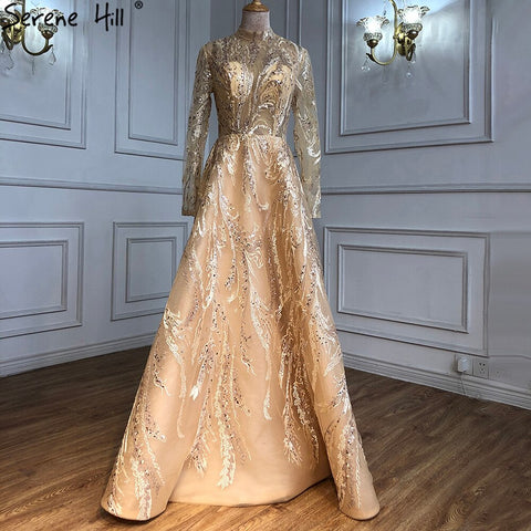 Muslim Gold  A-Line Evening Dresses Gowns 2025 Lace Beading Crystal For Women Party LA70957