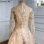 Muslim Gold  A-Line Evening Dresses Gowns 2025 Lace Beading Crystal For Women Party LA70957