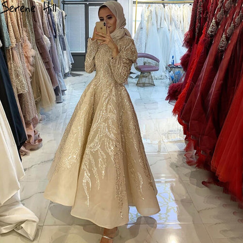 Muslim Gold  A-Line Evening Dresses Gowns 2025 Lace Beading Crystal For Women Party LA70957