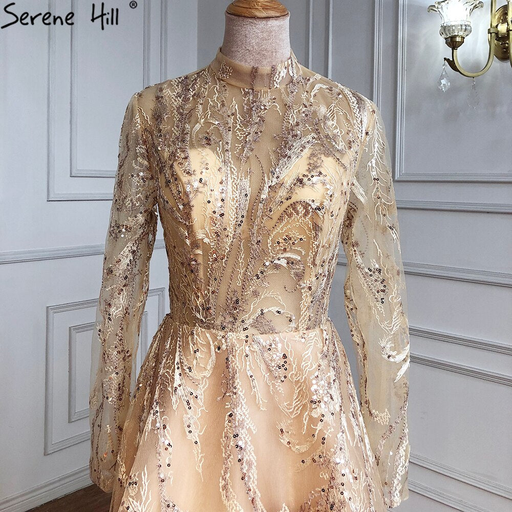 Muslim Gold  A-Line Evening Dresses Gowns 2025 Lace Beading Crystal For Women Party LA70957