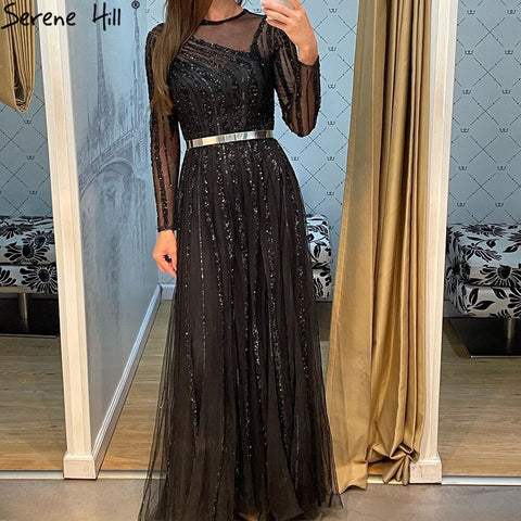 Muslim Gold A-Line Evening Dresses Gowns 2025 Luxury Beaded Sashes For Women Party LA71458