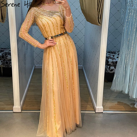 Muslim Gold A-Line Evening Dresses Gowns 2025 Luxury Beaded Sashes For Women Party LA71458
