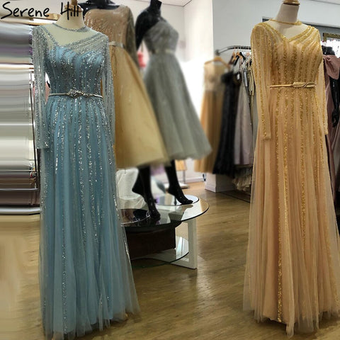 Muslim Gold A-Line Evening Dresses Gowns 2025 Luxury Beaded Sashes For Women Party LA71458