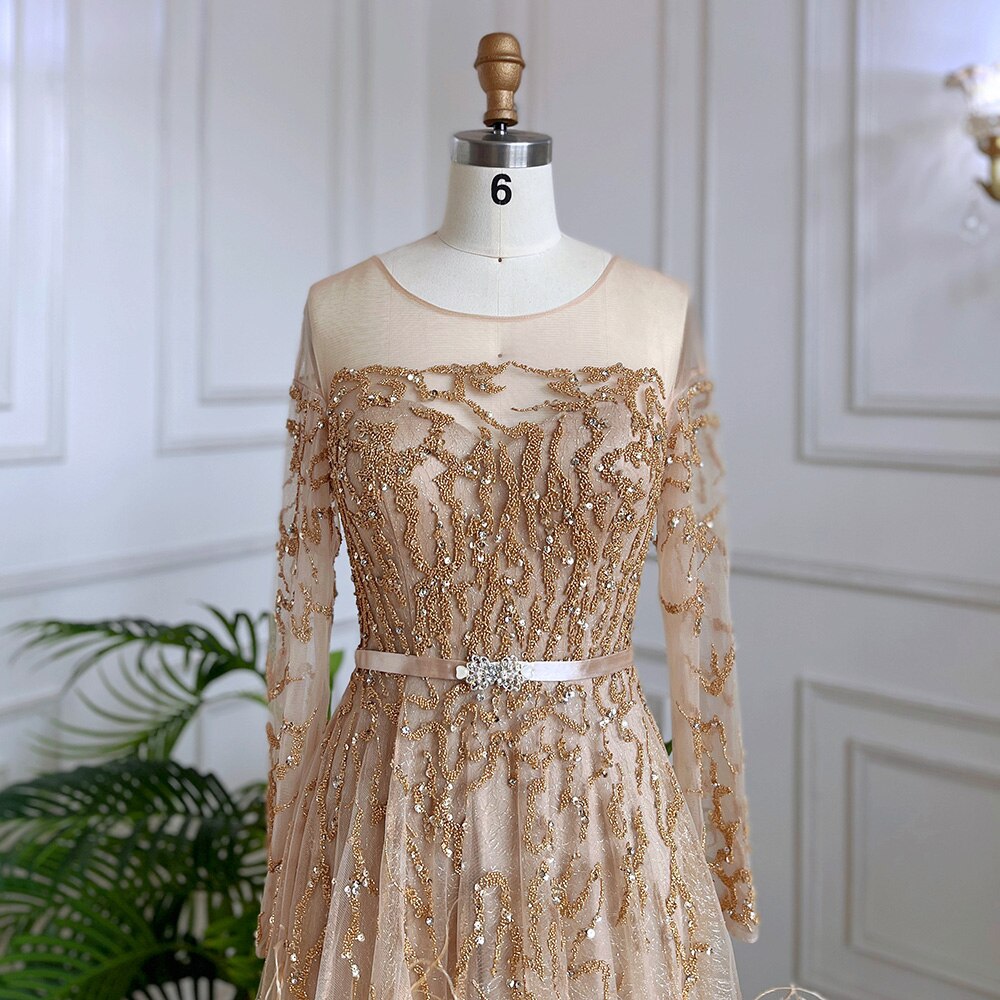 Muslim Gold A Line Lace Beaded Feathers Arabic Luxury Evening Dresses Gowns 2025 For Women Wedding Party LA71935