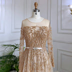 Muslim Gold A Line Lace Beaded Feathers Arabic Luxury Evening Dresses Gowns 2025 For Women Wedding Party LA71935