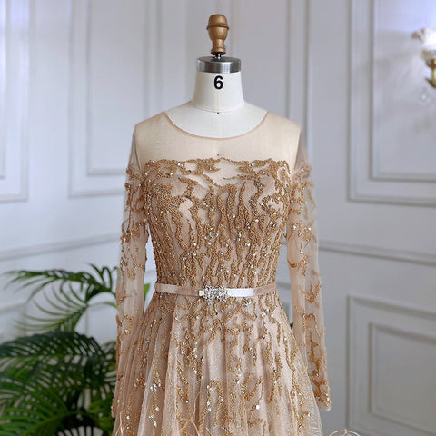 Muslim Gold A Line Lace Beaded Feathers Arabic Luxury Evening Dresses Gowns 2025 For Women Wedding Party LA71935