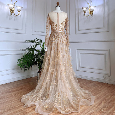 Muslim Gold A Line Lace Beaded Feathers Arabic Luxury Evening Dresses Gowns 2025 For Women Wedding Party LA71935