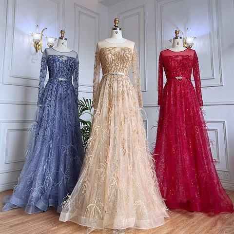 Muslim Gold A Line Lace Beaded Feathers Arabic Luxury Evening Dresses Gowns 2025 For Women Wedding Party LA71935