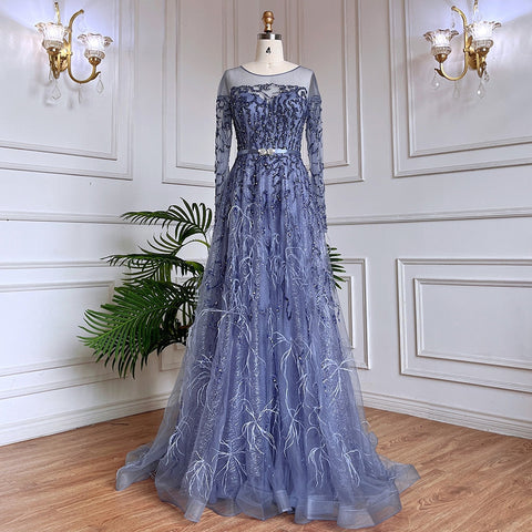 Muslim Gold A Line Lace Beaded Feathers Arabic Luxury Evening Dresses Gowns 2025 For Women Wedding Party LA71935