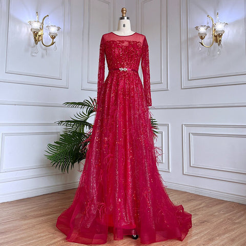 Muslim Gold A Line Lace Beaded Feathers Arabic Luxury Evening Dresses Gowns 2025 For Women Wedding Party LA71935