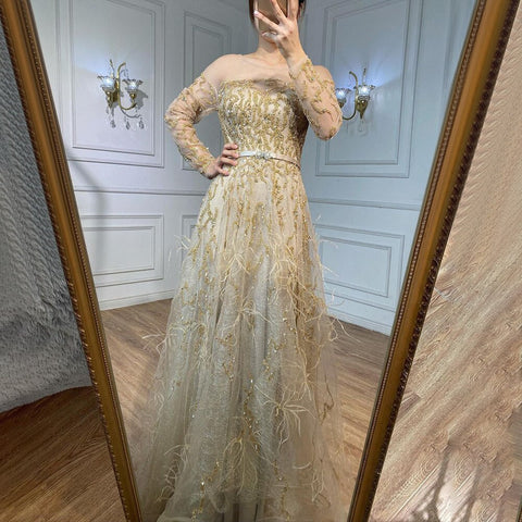 Muslim Gold A Line Lace Beaded Feathers Arabic Luxury Evening Dresses Gowns 2025 For Women Wedding Party LA71935