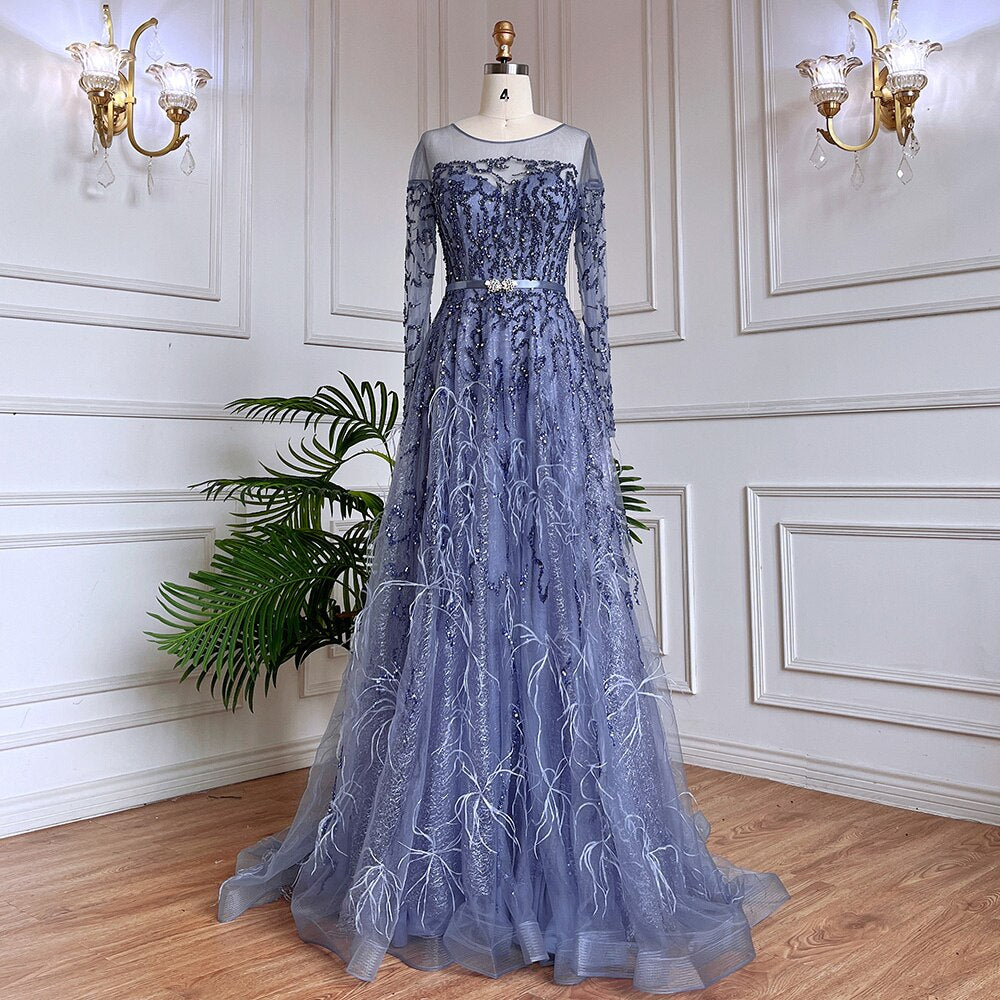 Muslim Gold A Line Lace Beaded Feathers Arabic Luxury Evening Dresses Gowns 2025 For Women Wedding Party LA71935