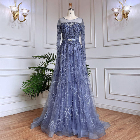 Muslim Gold A Line Lace Beaded Feathers Arabic Luxury Evening Dresses Gowns 2025 For Women Wedding Party LA71935