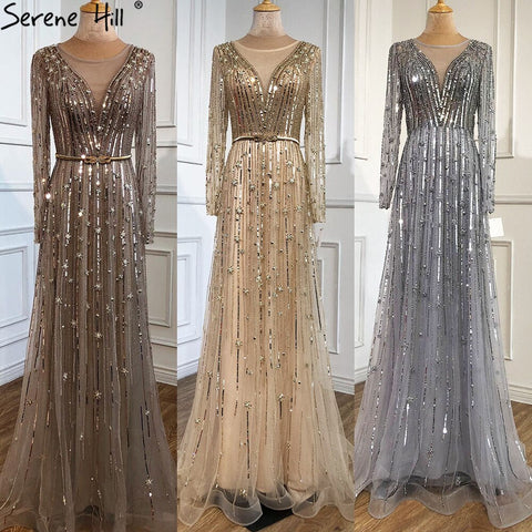 Muslim Gold A-Line Luxury Evening Dresses Gowns 2025 Sparkle Beading Long Sleeves Sexy For Women Party LA70674