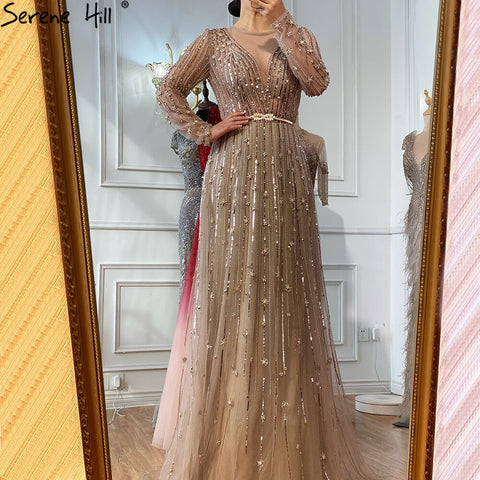 Muslim Gold A-Line Luxury Evening Dresses Gowns 2025 Sparkle Beading Long Sleeves Sexy For Women Party LA70674
