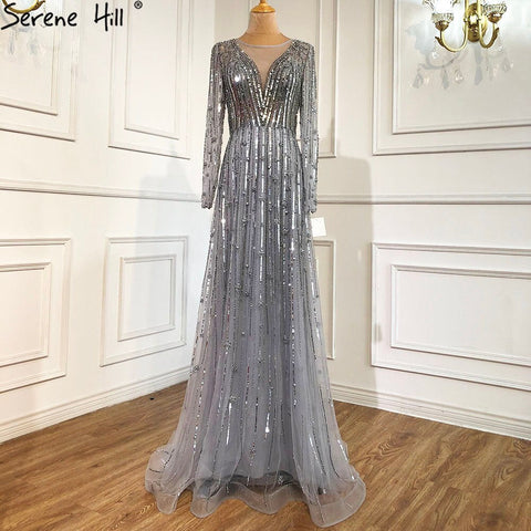 Muslim Gold A-Line Luxury Evening Dresses Gowns 2025 Sparkle Beading Long Sleeves Sexy For Women Party LA70674