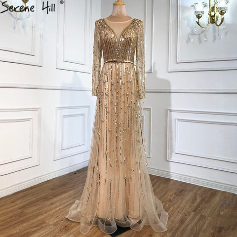 Muslim Gold A-Line Luxury Evening Dresses Gowns 2025 Sparkle Beading Long Sleeves Sexy For Women Party LA70674