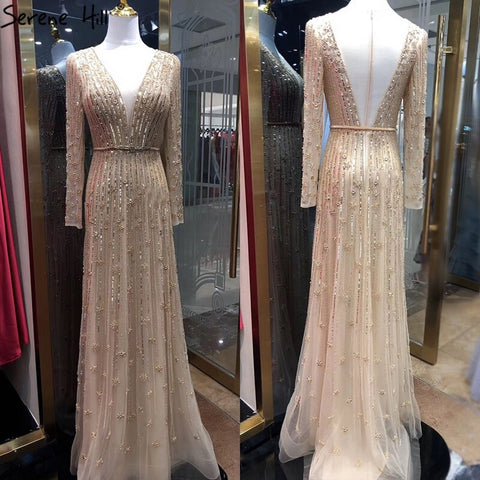 Muslim Gold A-Line Luxury Evening Dresses Gowns 2025 Sparkle Beading Long Sleeves Sexy For Women Party LA70674