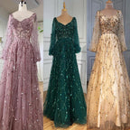 Muslim Gold Luxury A-Line Evening Dreses Gowns 2025 Puff Sleeves Beaded Sexy Formal Woman Party LA71049