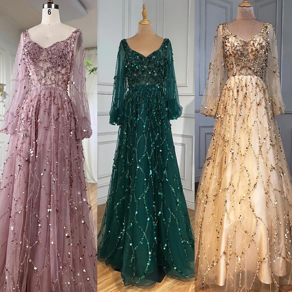 Muslim Gold Luxury A-Line Evening Dreses Gowns 2025 Puff Sleeves Beaded Sexy Formal Woman Party LA71049
