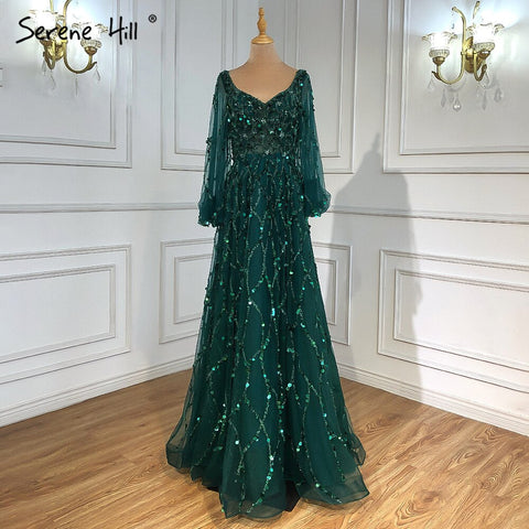 Muslim Gold Luxury A-Line Evening Dreses Gowns 2025 Puff Sleeves Beaded Sexy Formal Woman Party LA71049