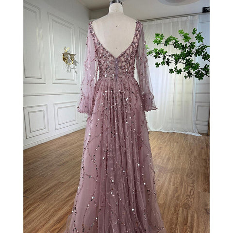 Muslim Gold Luxury A-Line Evening Dreses Gowns 2025 Puff Sleeves Beaded Sexy Formal Woman Party LA71049