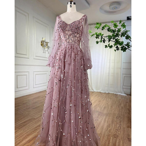 Muslim Gold Luxury A-Line Evening Dreses Gowns 2025 Puff Sleeves Beaded Sexy Formal Woman Party LA71049