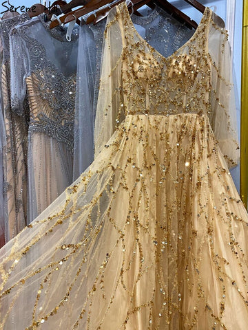 Muslim Gold Luxury A-Line Evening Dreses Gowns 2025 Puff Sleeves Beaded Sexy Formal Woman Party LA71049