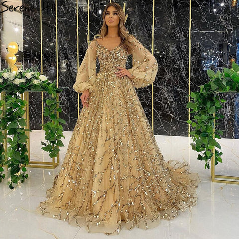 Muslim Gold Luxury A-Line Evening Dreses Gowns 2025 Puff Sleeves Beaded Sexy Formal Woman Party LA71049