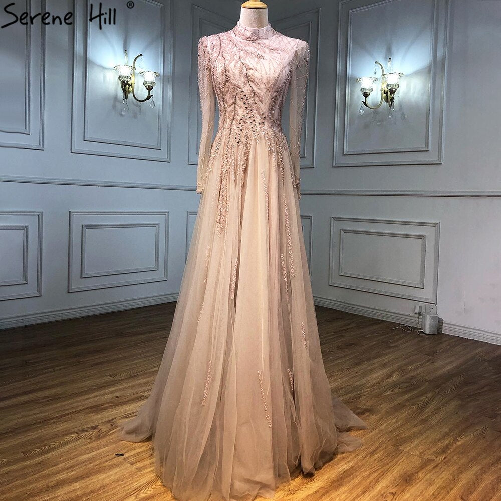 Muslim Gold Luxury Ball Gowns Evening Dress 2025 Long Sleeves Beading Women For Women Party  LA71013