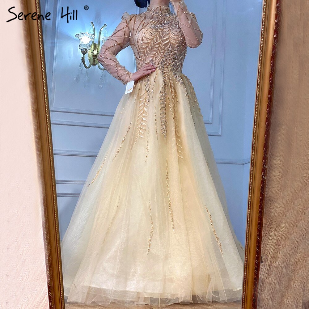 Muslim Gold Luxury Ball Gowns Evening Dress 2025 Long Sleeves Beading Women For Women Party  LA71013