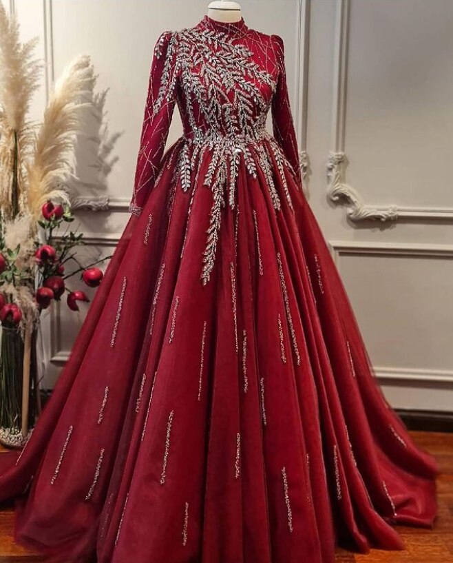 Muslim Gold Luxury Ball Gowns Evening Dress 2025 Long Sleeves Beading Women For Women Party  LA71013