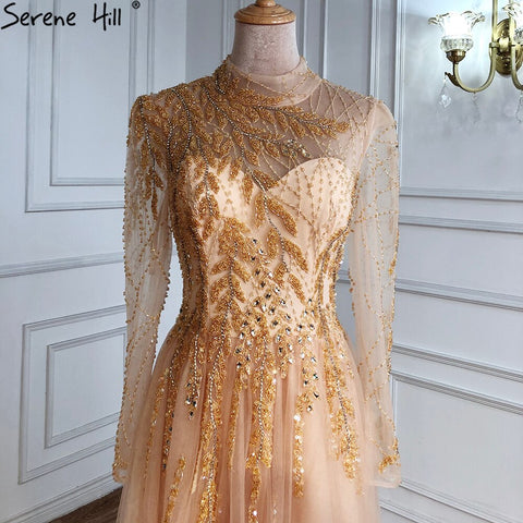 Muslim Gold Luxury Ball Gowns Evening Dress 2025 Long Sleeves Beading Women For Women Party  LA71013
