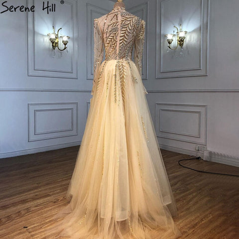Muslim Gold Luxury Ball Gowns Evening Dress 2025 Long Sleeves Beading Women For Women Party  LA71013