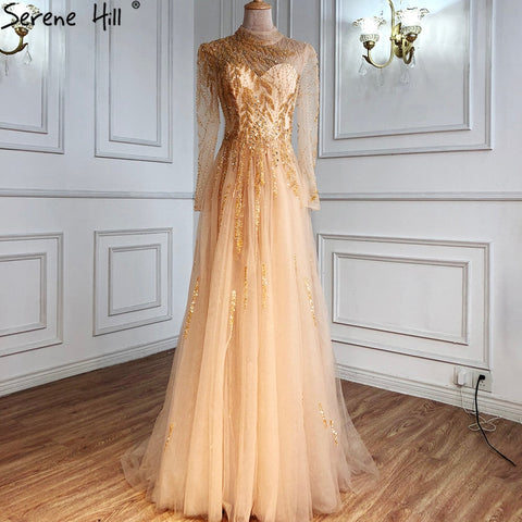 Muslim Gold Luxury Ball Gowns Evening Dress 2025 Long Sleeves Beading Women For Women Party  LA71013