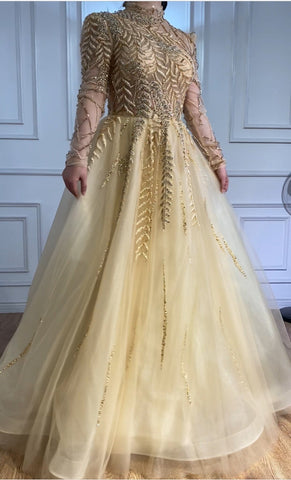 Muslim Gold Luxury Ball Gowns Evening Dress 2025 Long Sleeves Beading Women For Women Party  LA71013