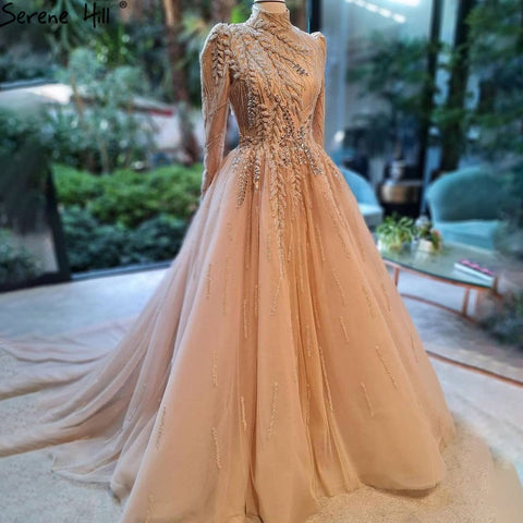 Muslim Gold Luxury Ball Gowns Evening Dress 2025 Long Sleeves Beading Women For Women Party  LA71013